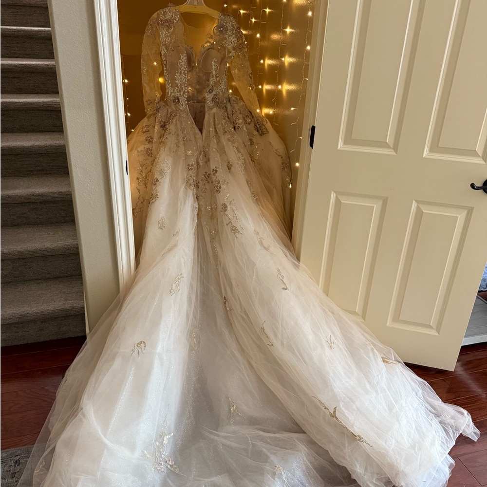 Long-Sleeve Ivory Ball Gown Dress with Gold Embellishment